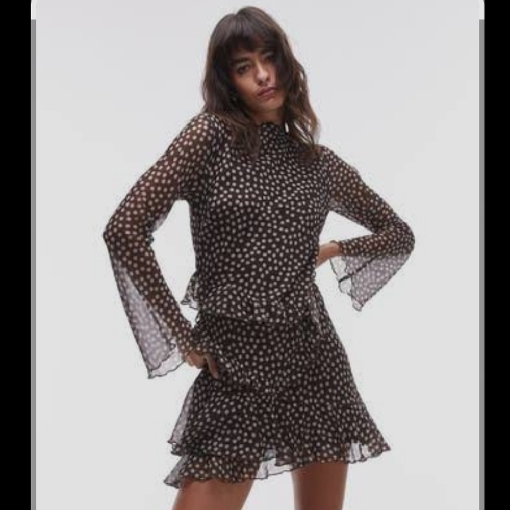 Topshop Polka Dot Ruffle Long Sleeve Chiffon Mini Dress - Picture 2 of 5